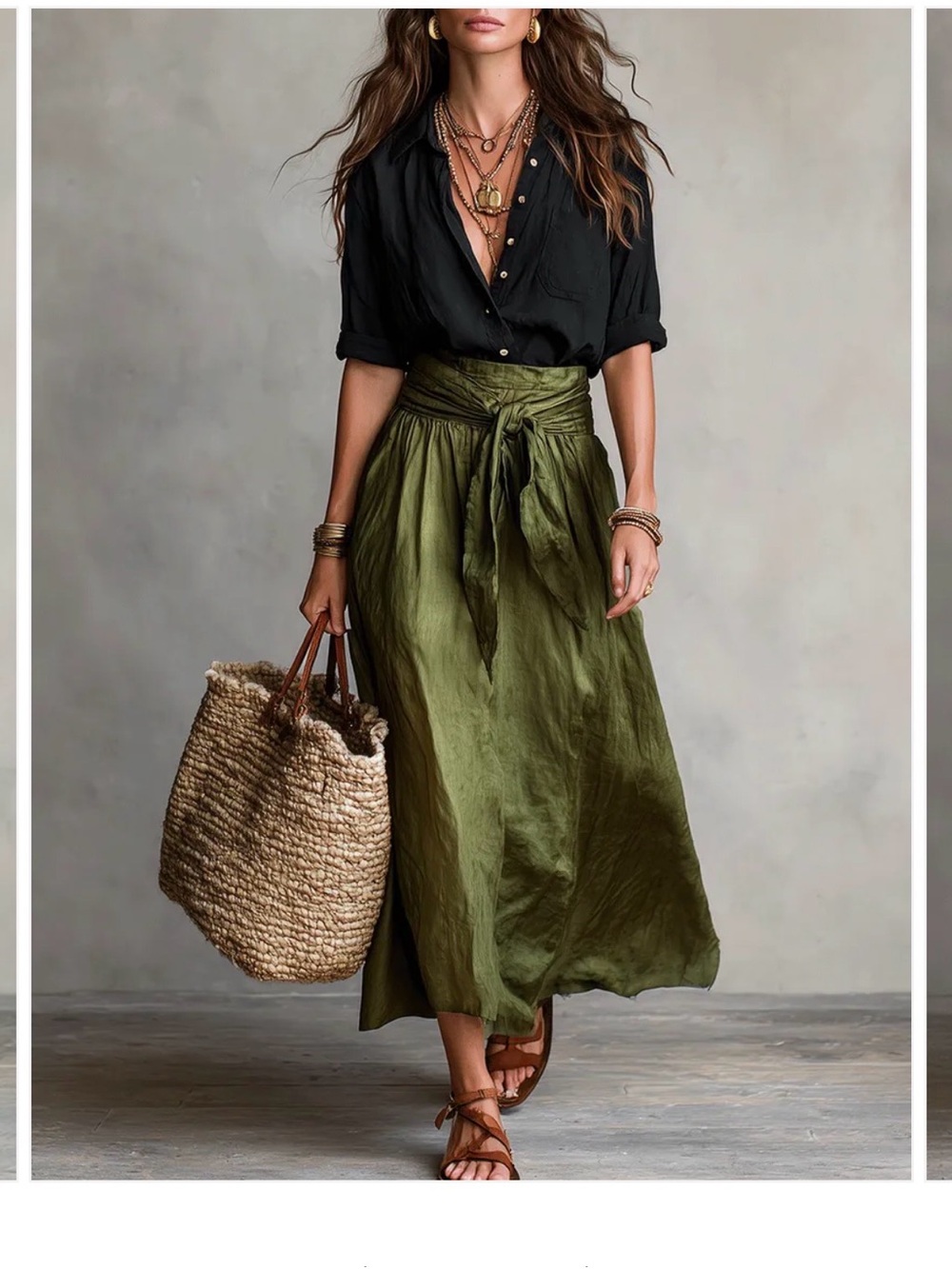 Olive Green High-Waist Tie-Front Maxi Skirt